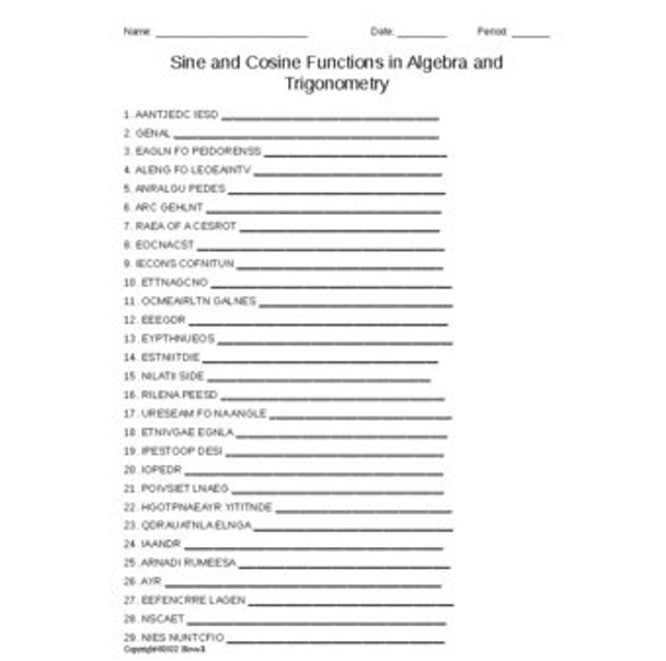 Sine and Cosine Functions in Algebra and Trigonometry Word Scramble