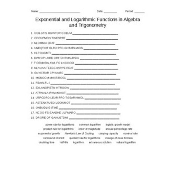 Exponential and Logarithmic Functions in Algebra and Trigonometry Word Scramble