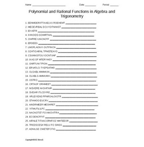 Polynomial and Rational Functions in Algebra and Trigonometry Word Scramble