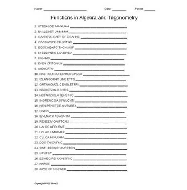 Functions in Algebra and Trigonometry Vocabulary Word Scramble