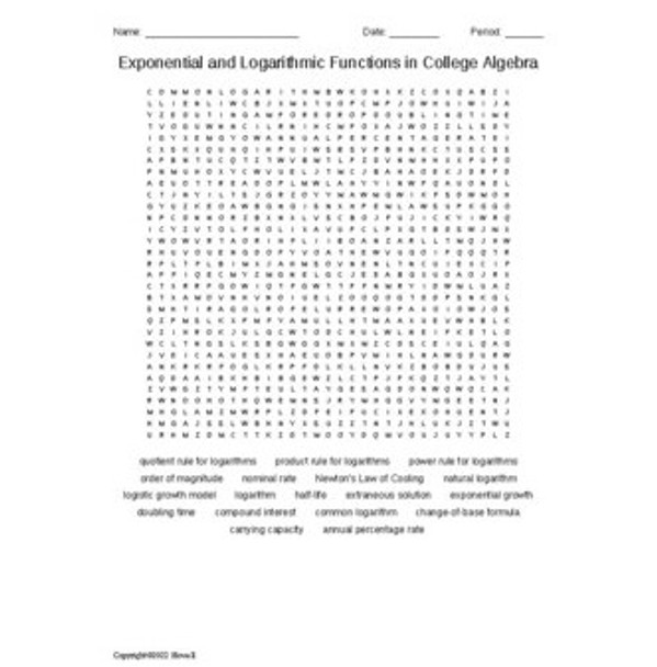 Exponential and Logarithmic Functions in College Algebra Vocabulary Word Search