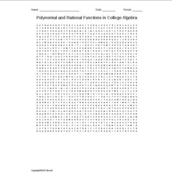 Polynomial and Rational Functions in College Algebra Vocabulary Word Search