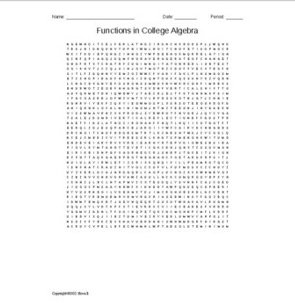 Functions in College Algebra Vocabulary Word Search