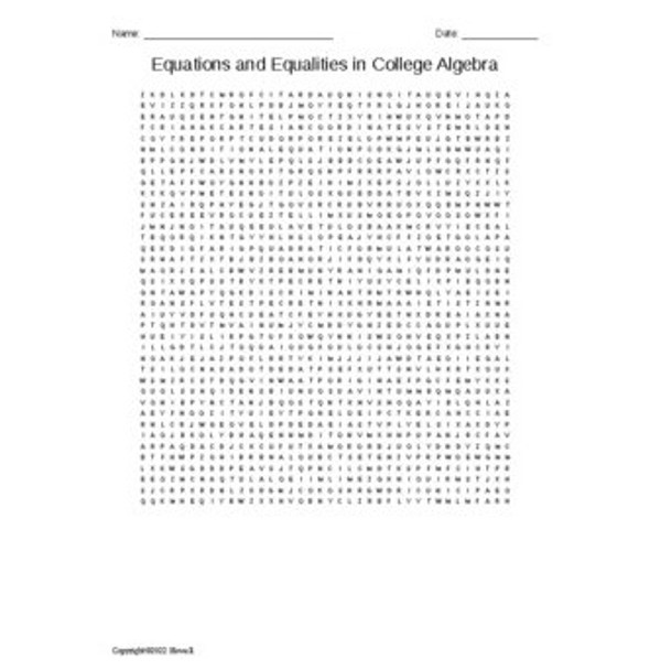 Equations and Equalities in College Algebra Vocabulary Word Search