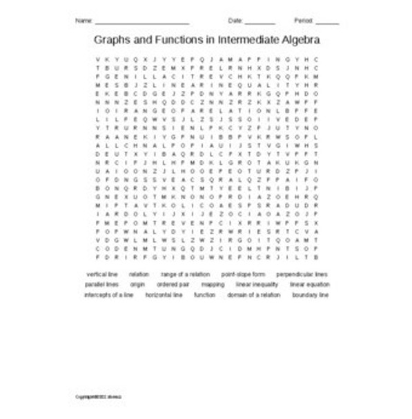 Graphs and Functions in Intermediate Algebra Vocabulary Word Search