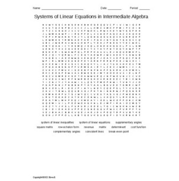 Systems of Linear Equations in Intermediate Algebra Vocabulary Word Search