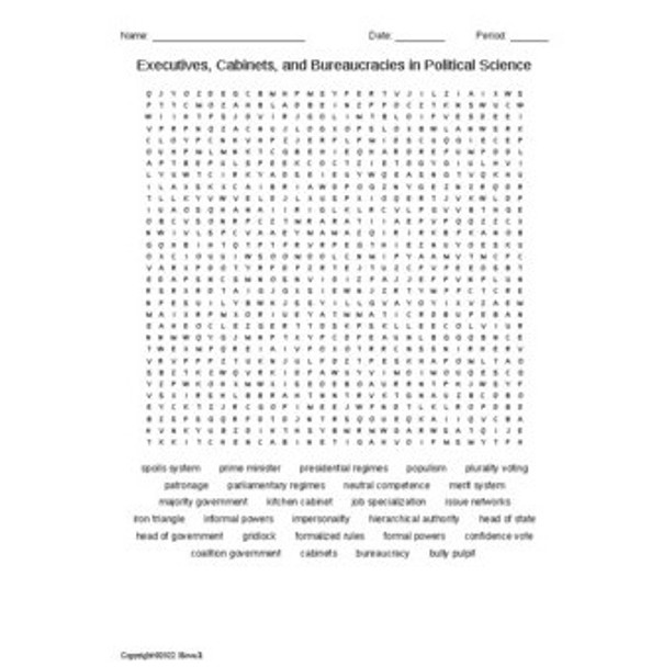 Executive Cabinets & Bureaucracies in Political Science Vocabulary Word Search