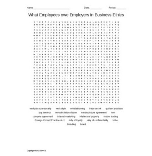 What Employees owe Employers in Business Ethics Vocabulary Word Search