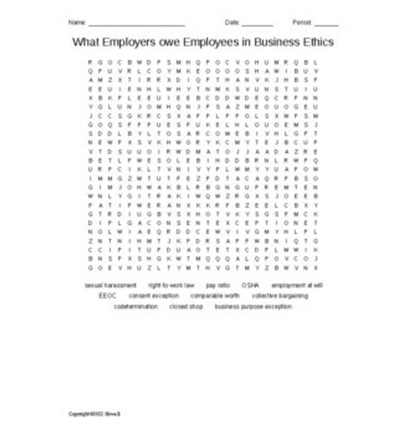 What Employers owe Employees in Business Ethics Vocabulary Word Search