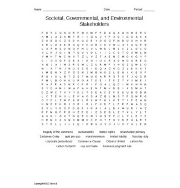 Societal, Governmental, and Environmental Stakeholders Vocabulary Word Search