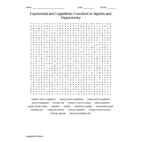 Exponential and Logarithmic Functions in Algebra and Trigonometry Word Search