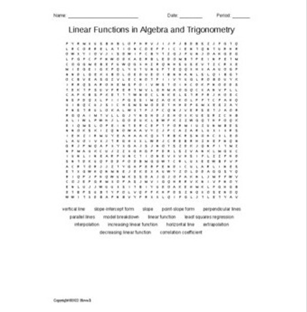Linear Functions in Algebra and Trigonometry Vocabulary Word Search
