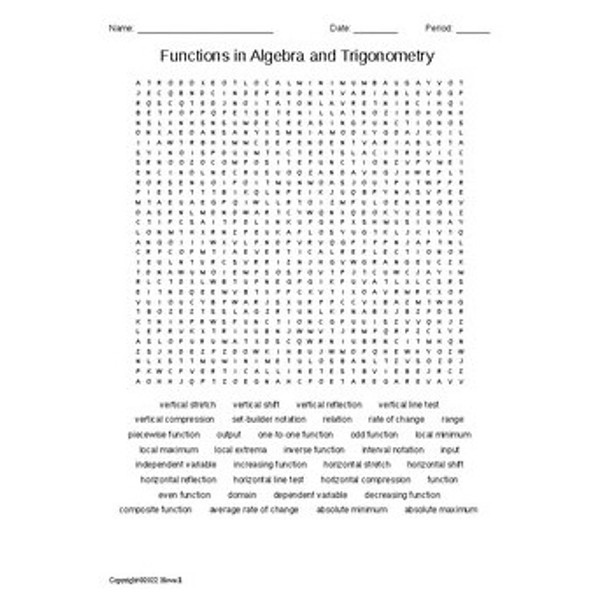 Functions in Algebra and Trigonometry Vocabulary Word Search