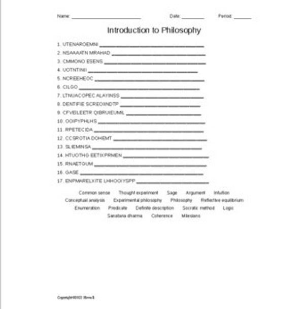 Introduction to Philosophy Vocabulary Word Scramble for a Philosophy Course