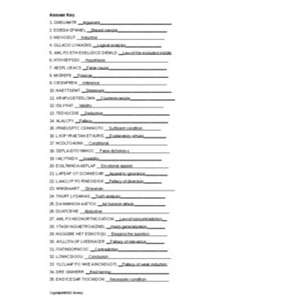 Logic and Reasoning Vocabulary Word Scramble for a Philosophy Course