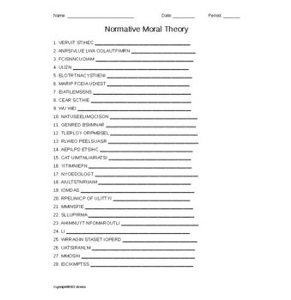  Normative Moral Theory Vocabulary Word Scramble for a Philosophy Course