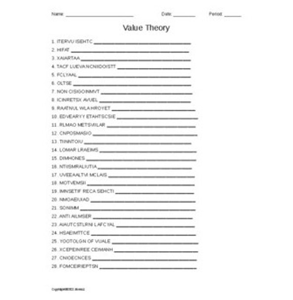 Value Theory Vocabulary Word Scramble for a Philosophy Course