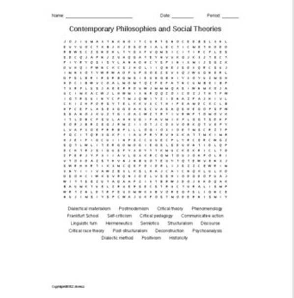 Contemporary Philosophies & Social Theories Word Search for a Philosophy Course