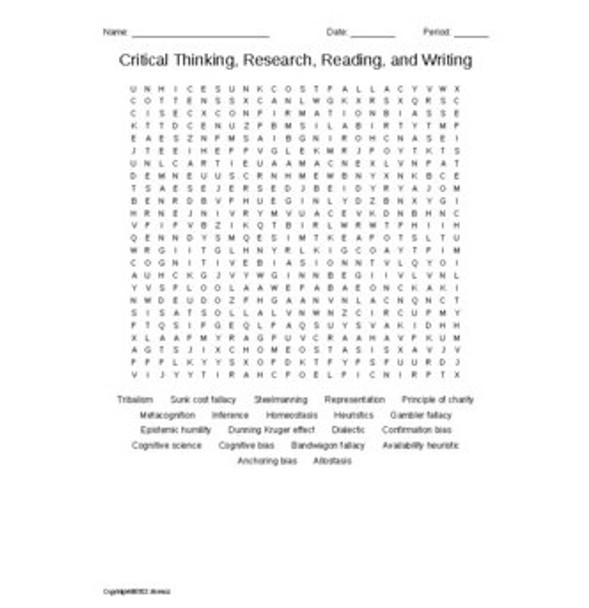 Critical Thinking, Reading, and Writing Word Search for a Philosophy Course
