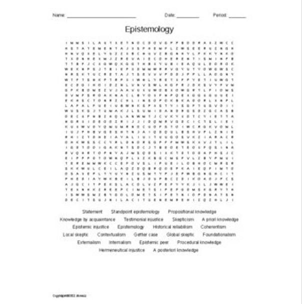 Epistemology Vocabulary Word Search for a Philosophy Course