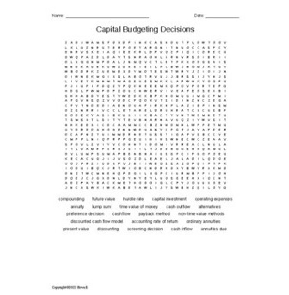 Capital Budgeting Decisions in Accounting Vocabulary Word Search