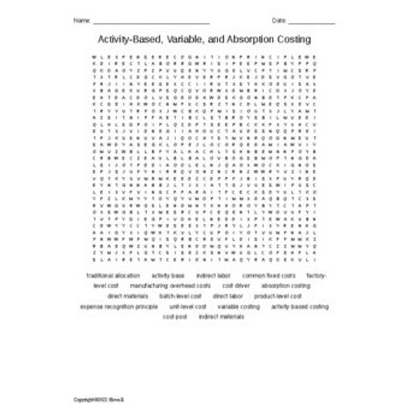 Activity-Based Variable and Absorption Costing Vocabulary Word Search