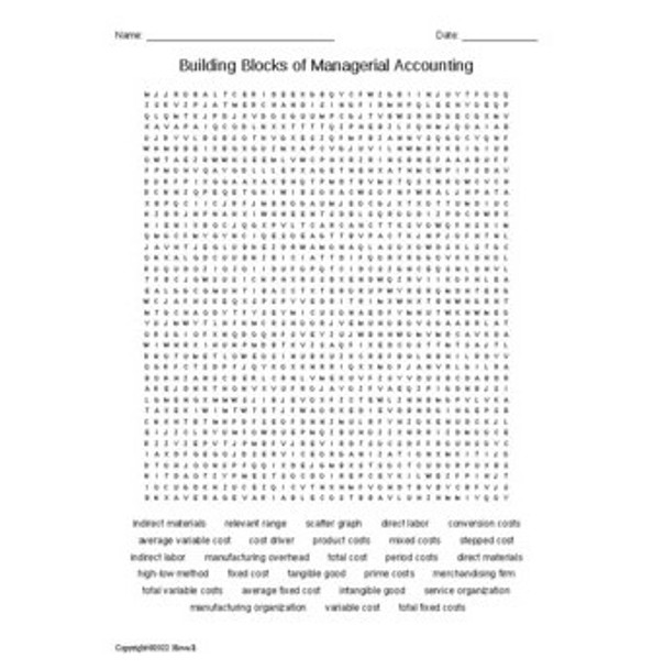 Building Blocks of Managerial Accounting Vocabulary Word Search