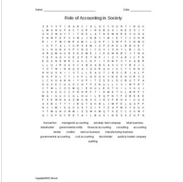 The Role of Accounting in Society Vocabulary Word Search