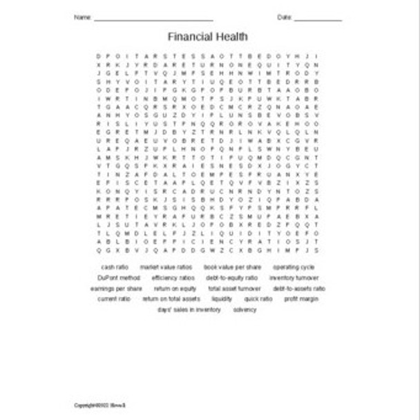 Financial Health Word Search for a Finance Course