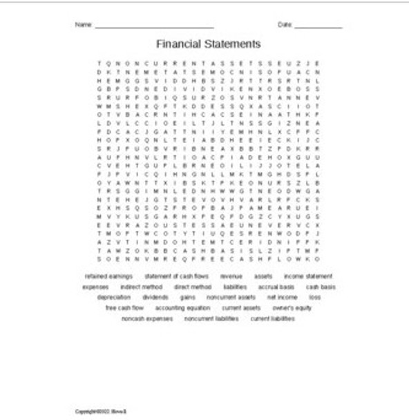 Financial Statements Word Search for a Finance Course