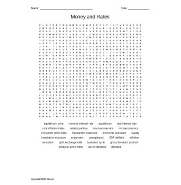 Money and Rates Vocabulary Word Search for a Finance Course