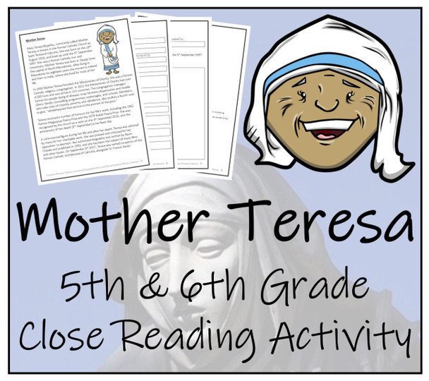 Mother Teresa Close Reading Activity 5th Grade & 6th Grade