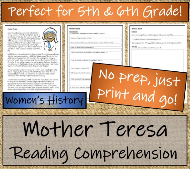 Mother Teresa Close Reading Activity 5th Grade & 6th Grade