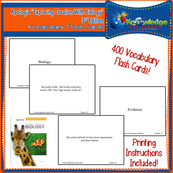 Apologia Exploring Creation With Biology 3rd Edition Vocabulary Flash Cards - PRINTED EDITION