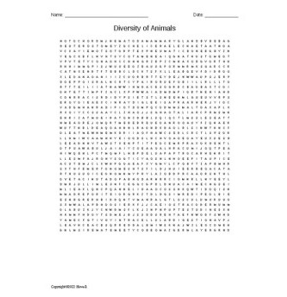 Diversity of Animals Word Search for an Introduction to Biology Course