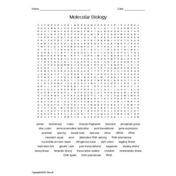 Molecular Biology Word Search for an Introduction to Biology Course