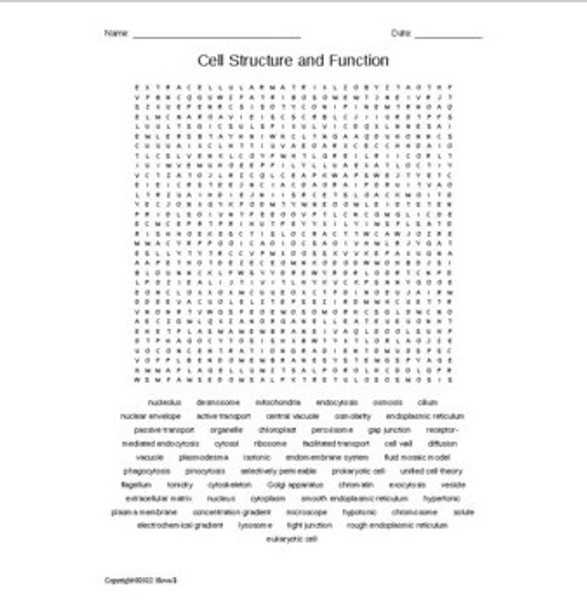 Cell Structure and Function Word Search for an Introduction to Biology Course