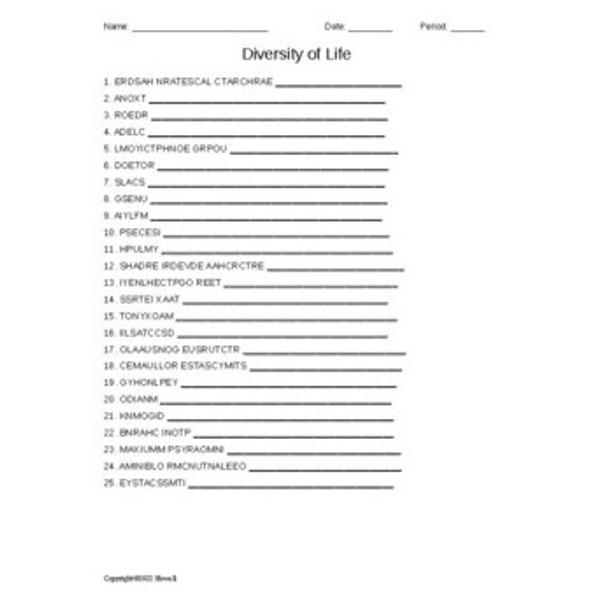 Diversity of Life Word Scramble for an Introduction to Biology Course
