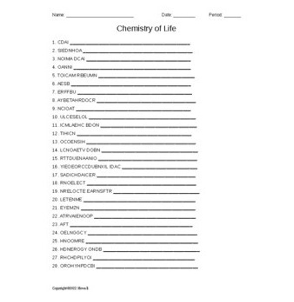 Chemistry of Life Word Scramble for an Introduction to Biology Course