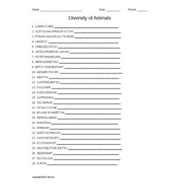 Diversity of Animals Word Scramble for an Introduction to Biology Course