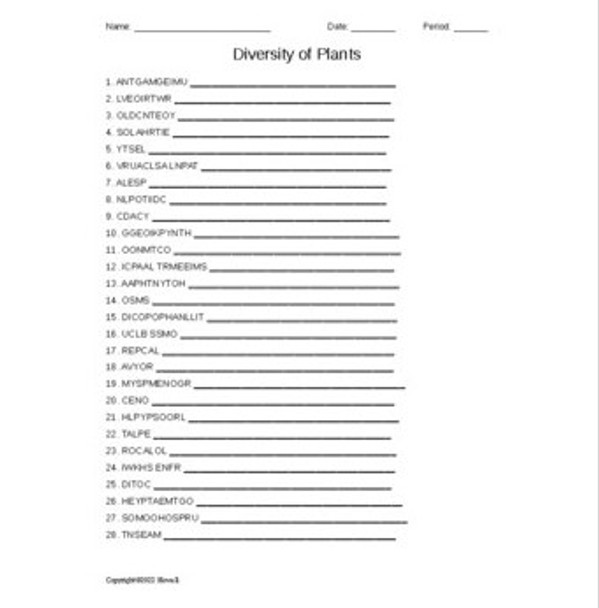 Diversity of Plants Word Scramble for an Introduction to Biology Course