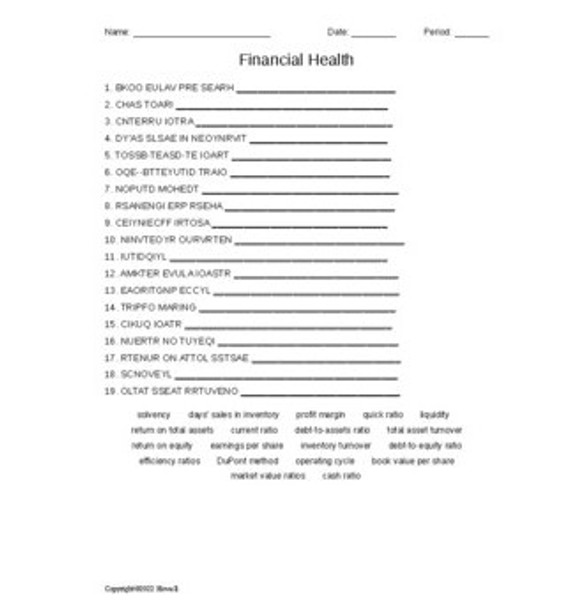 Financial Health Word Scramble for a Finance Course