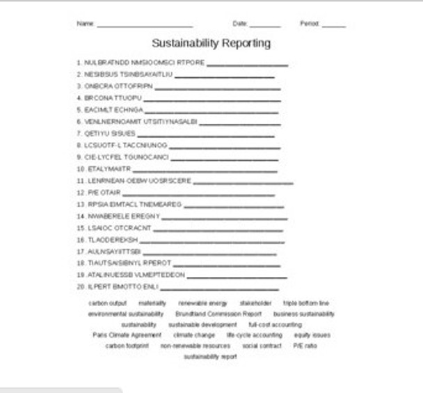 Sustainability Reporting Vocabulary Word Scramble for a Finance Course