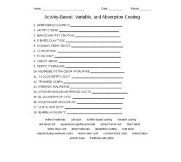 Activity-Based Variable and Absorption Costing Vocabulary Word Scramble