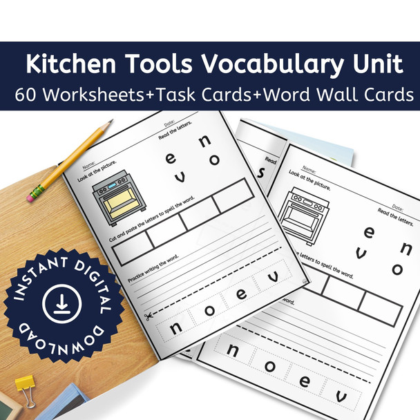 Kitchen Tools Sight Word Spelling Vocabulary Literacy Worksheets V1