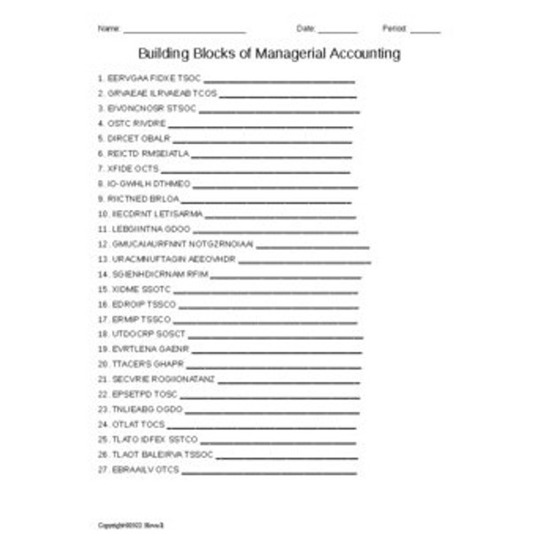 Building Blocks of Managerial Accounting Vocabulary Word Scramble