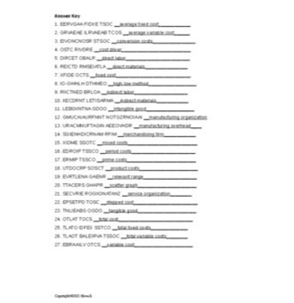 Building Blocks of Managerial Accounting Vocabulary Word Scramble