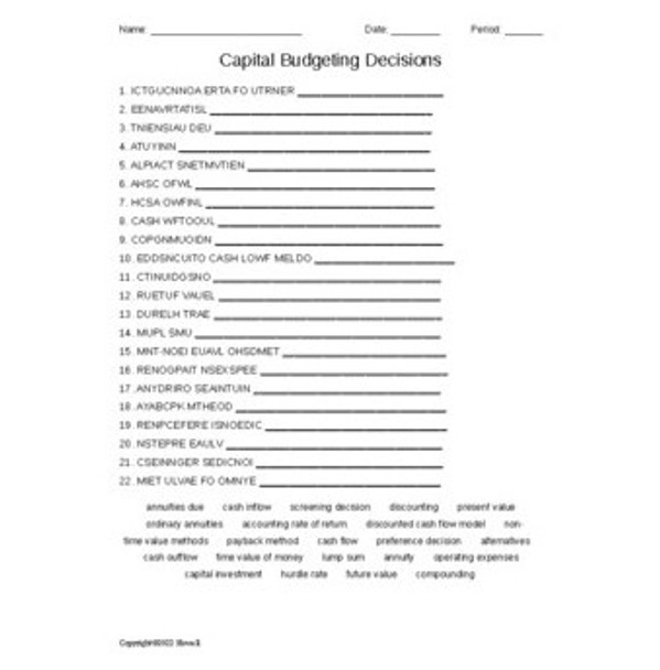 Capital Budgeting Decisions in Accounting Vocabulary Word Scramble