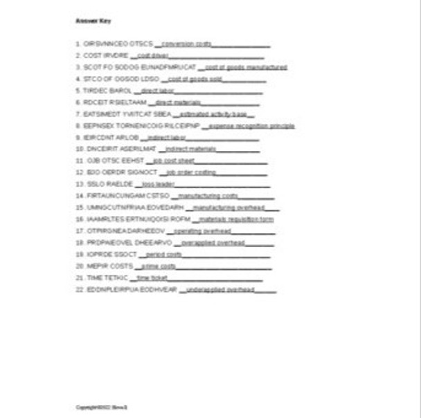 Job Order Costing in Accounting Vocabulary Word Scramble