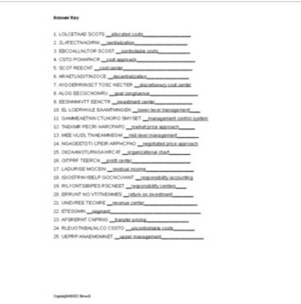 Responsibility Accounting and Decentralization in Accounting Word Scramble